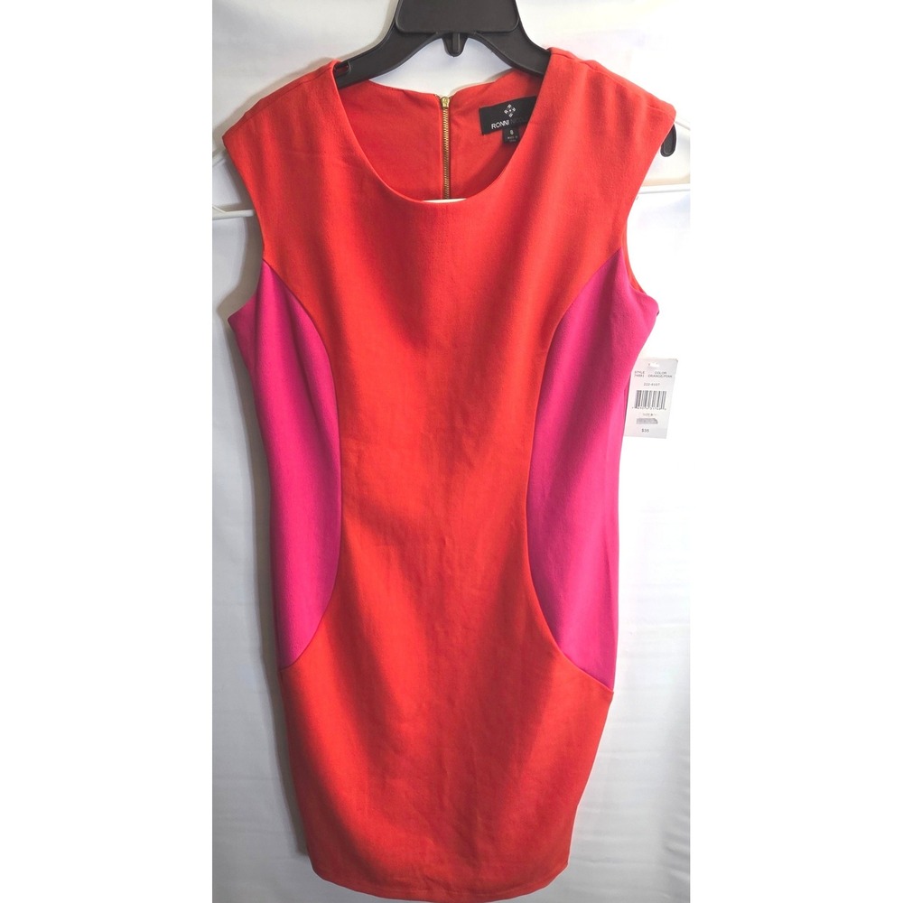 New Ronni Nicole Orange Pink Colorblock Sheath Dress Size 8 Sleeveless Zip Back‎